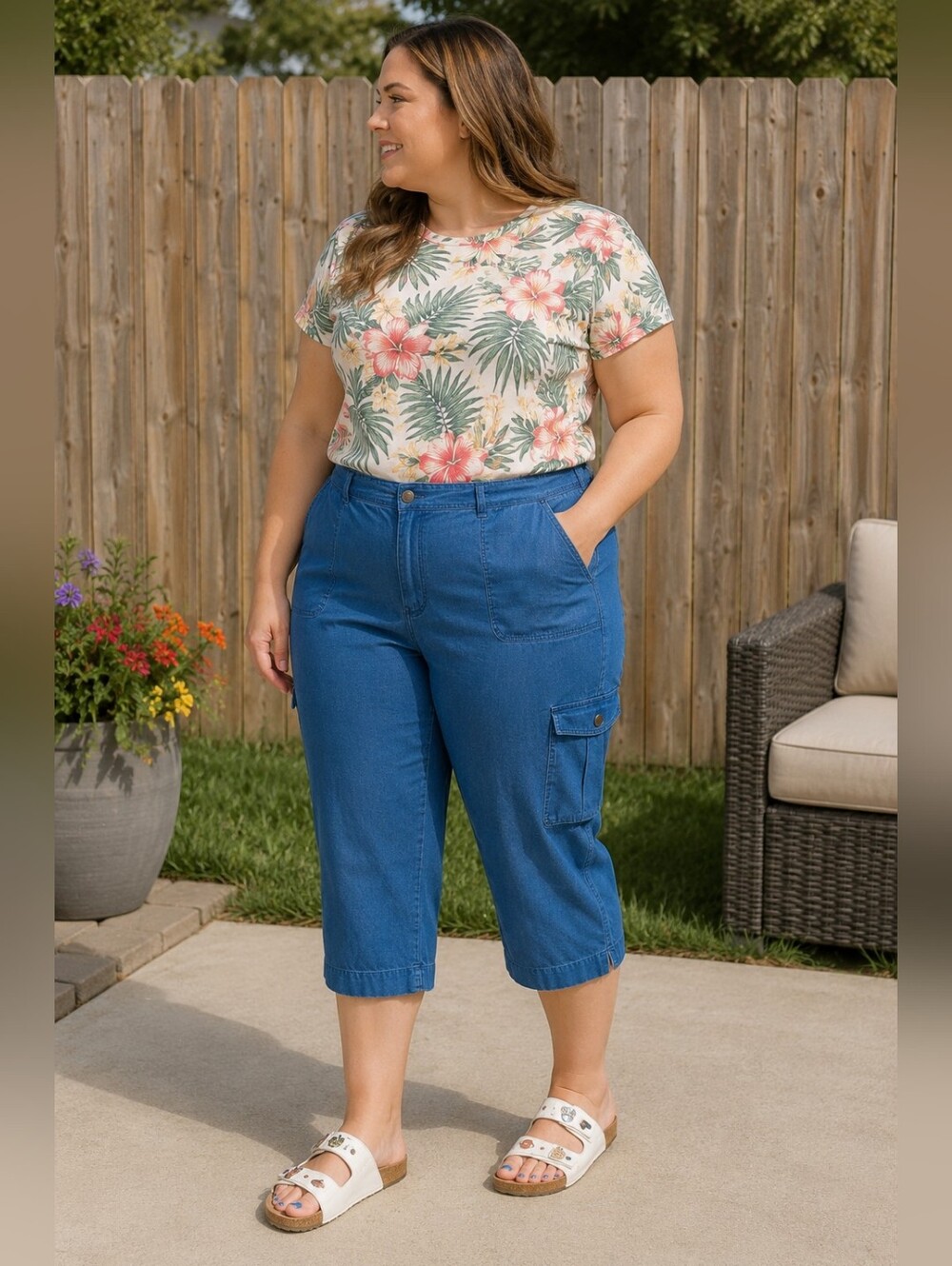 Jones New York Women's Plus Size 18: 100% Cotton Rich Blue Cargo Capri